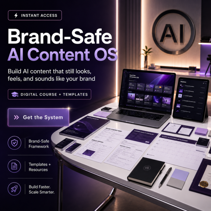 Brand-Safe AI Content OS course mockup with laptop, tablet, worksheets, planner, and AI content strategy materials