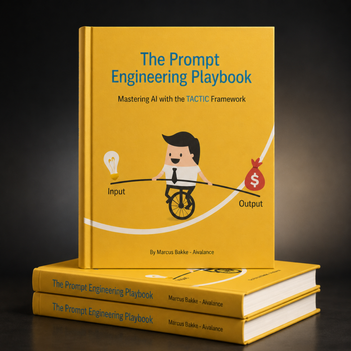 3D cover of The Prompt Engineering Playbook by Marcus Bakke and AIvalance, a free guide to the TACTIC prompt framework for better AI prompts.