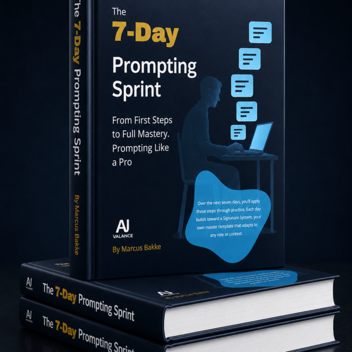 The 7-Day Prompting Sprint AI prompting guide book mockup by AIValance for learning clearer prompts and reusable prompt templates